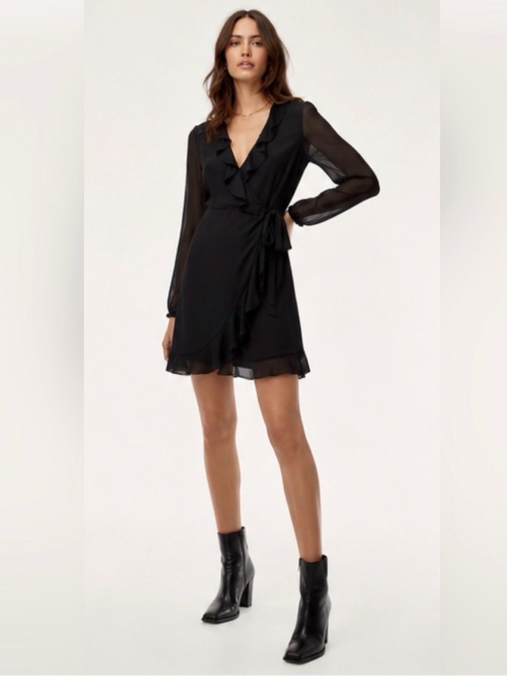 Sheer Long-Sleeve Black Wrap Dress - Artizia Wilfred Louise Dress